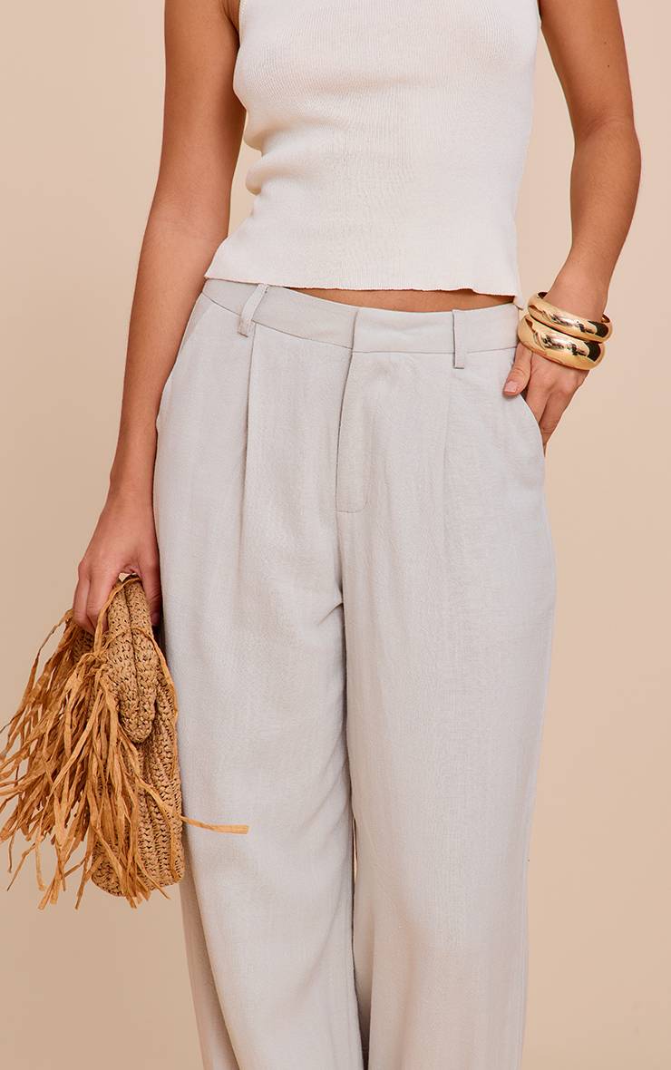 Gris Galet Pantalon Droit Ajusté Aspect Lin