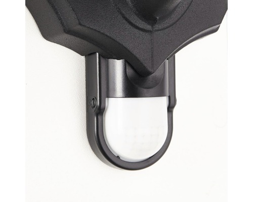 Sensor geactiveerde buitenwandlamp, staand, IP44, 1-lichts, HxBxD 305x235x190 mm, Carleen, zwart metaal met bewegingsmelder