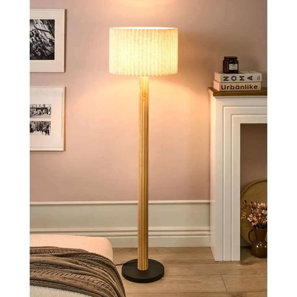 BELESSA - Staande lamp - Lichtbeige - Linnen/Rubberhout