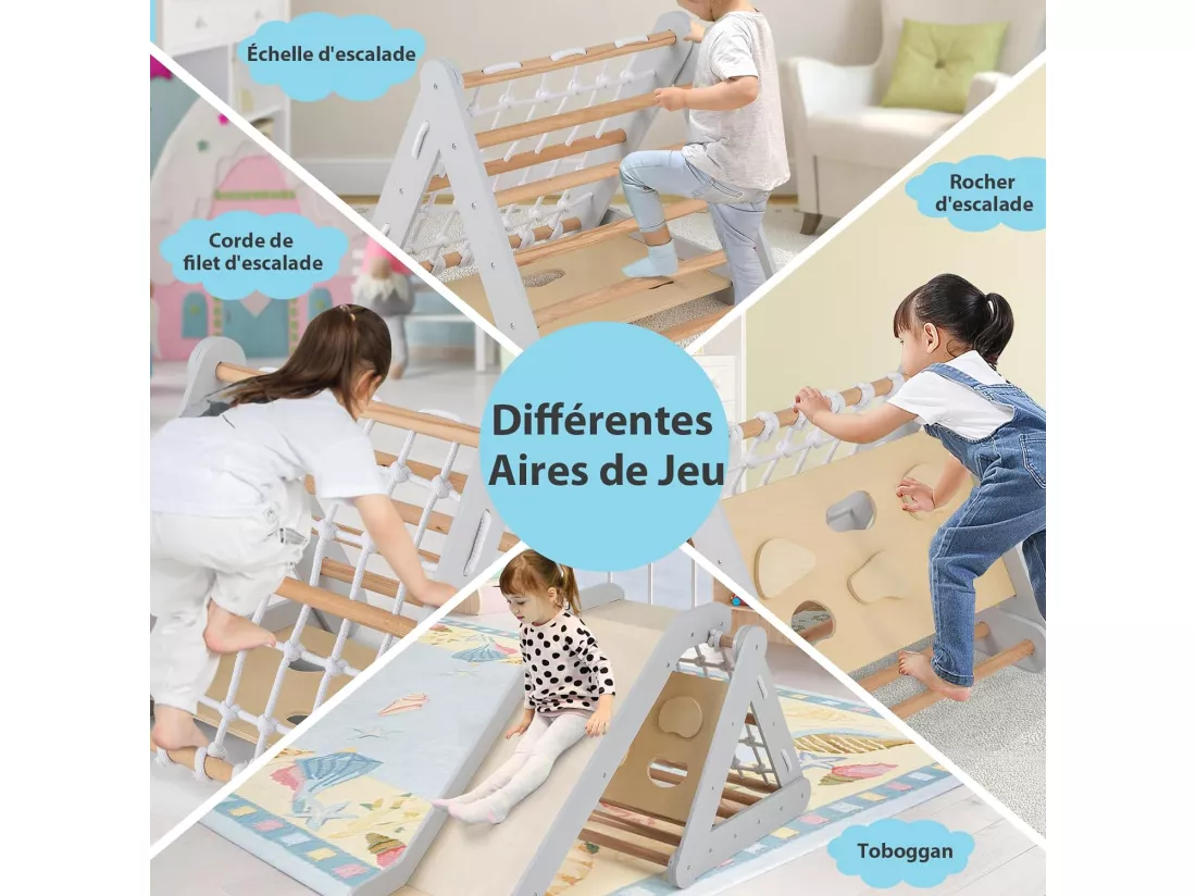 4 en 1 Triangle d'escalade Montessori Enfant avec Toboggan, Echelle d'escalade en Bois avec Filet, Inclinaison Réglable, Intérieur, Charge 60kg pour Enfants de 1 an+