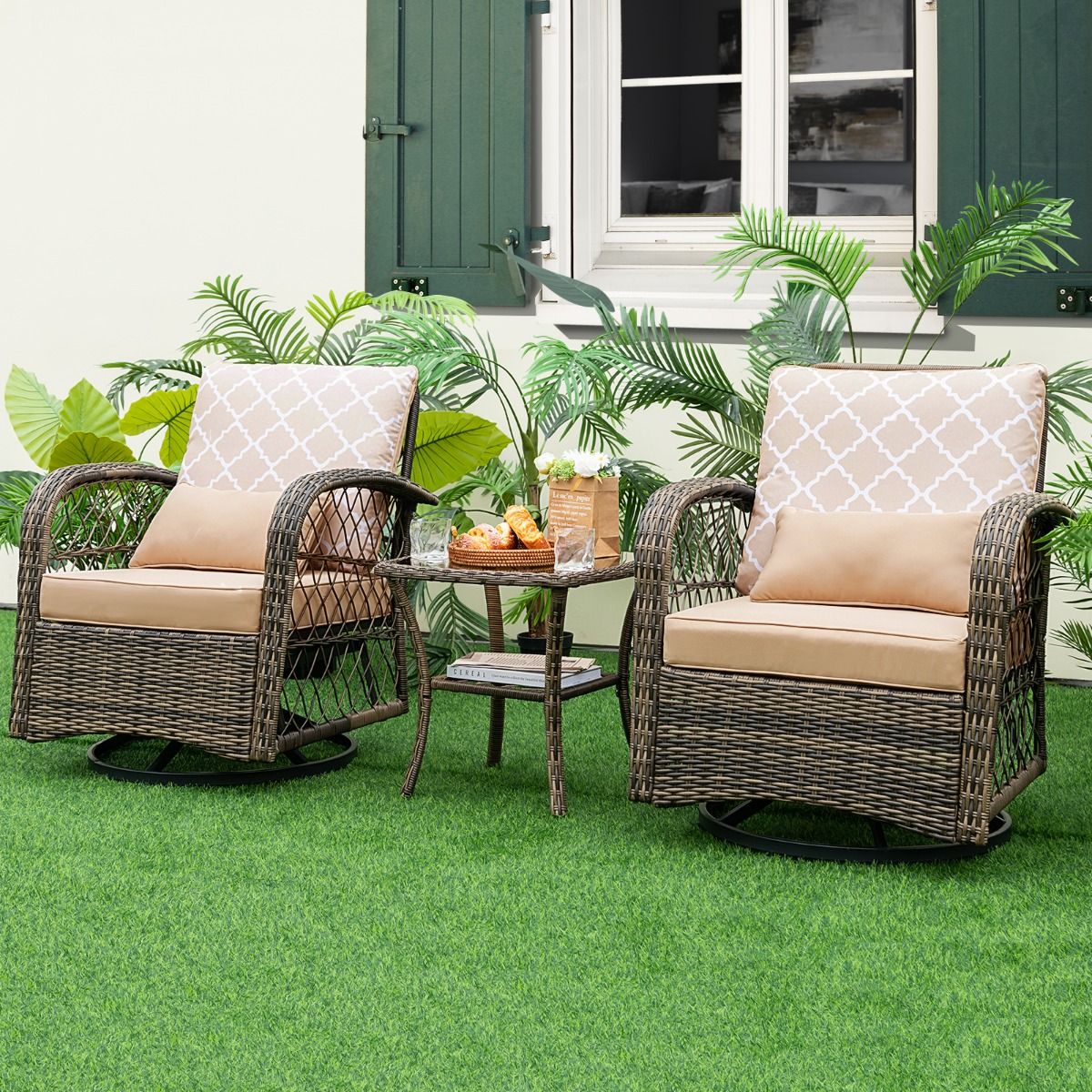 Salon de Jardin Extérieur 3PCS - 2 en Fauteuils à Bascule Pivotant à 360°Rotin PE Cadre Métal our Terrasse Balcon - Lidl-Manfred