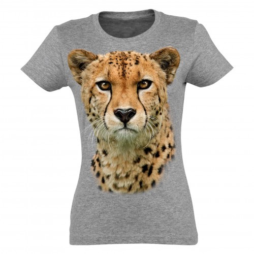 Camiseta feminina com estampa de oncinha, cinza