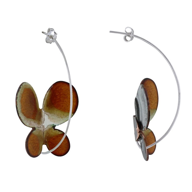 Boucles d'Oreilles Papillons Émaillés Marron et Blanc