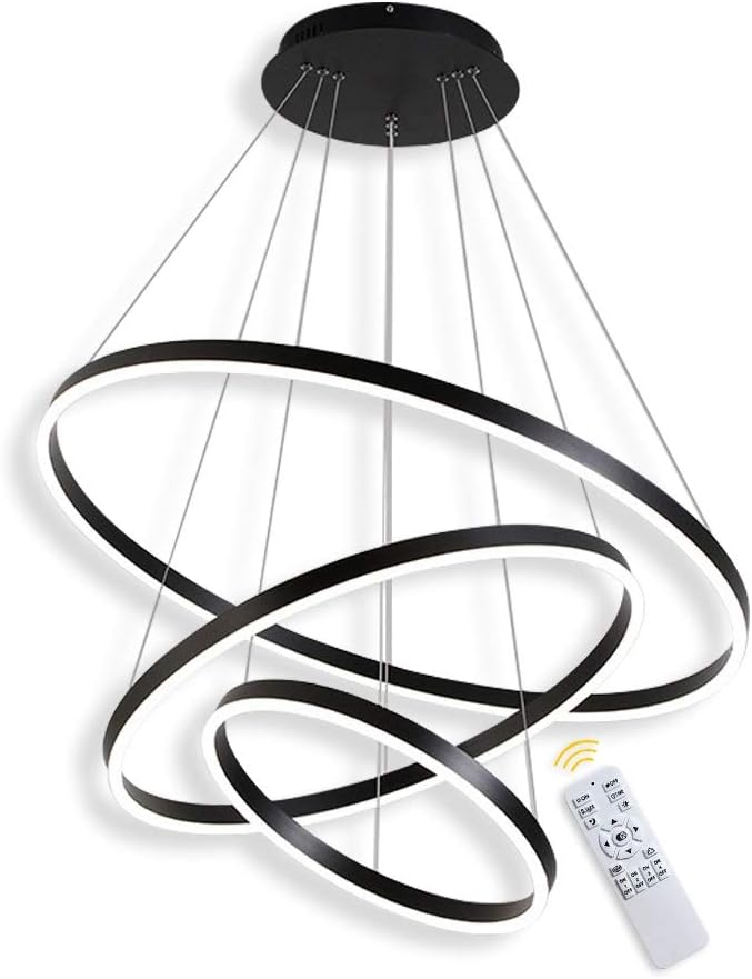 3-Ring LED-Hängelampe Dimmbar Schwarz Kronleuchter 68W LED-Ringleuchte Lampe Moderne LED-Hängeleuchte Rund Ring-Pendelleuchte, Esszimmer Design Lampe Wohnzimmer Leuchte, 20+40+60CM