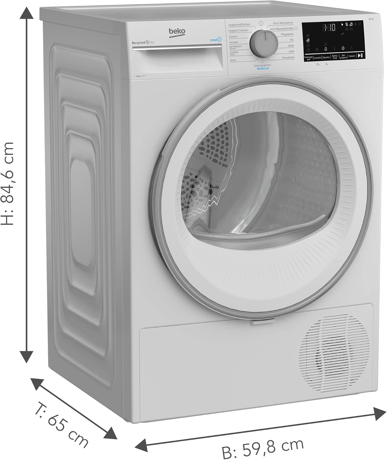 Beko B3T32491 Wäschetrockner, 9 kg, Frontlader Wärmepumpentrockner, 15 Programme, Sensortrocknung, Dampffunktion, Silent-Programm, Allergikergeeignet, Säulenfähig, Aquawave Schontrommel, Weiß