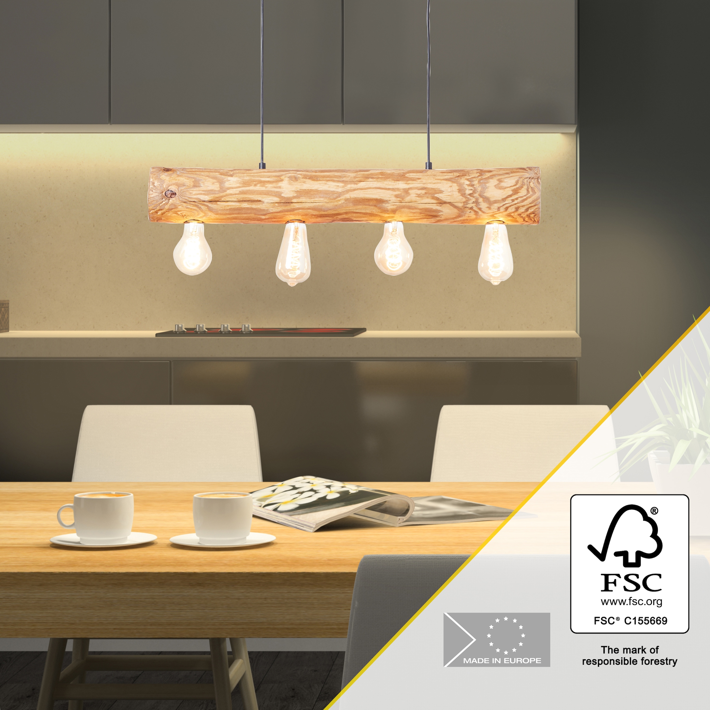 Brilliant Pendelleuchte »Trabo« E27 1 Stk. 105cm Höhe, 70cm Breite, 4 x E27, kürzbar, Holz/Metall, kiefer gebeizt