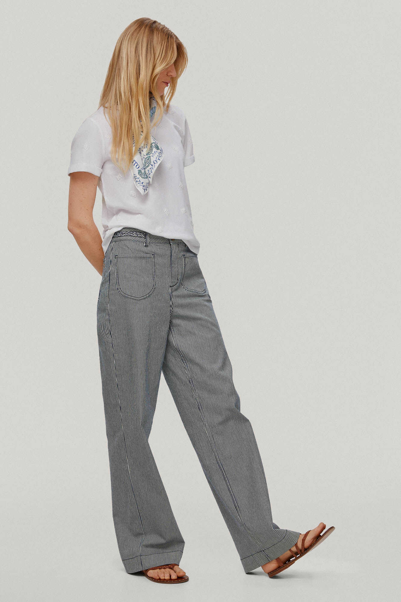 Calça jeans listrada de boca larga - Azul