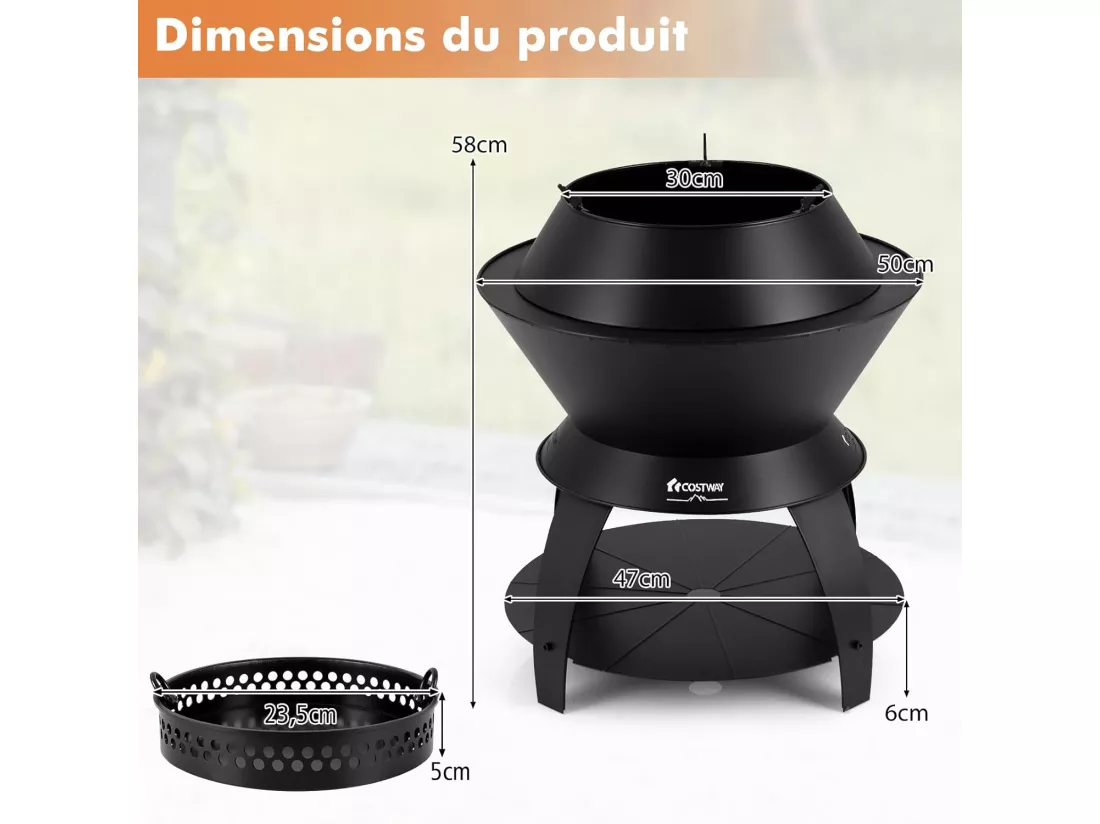 Brasero Foyer de Terrasse 3 en 1 de 50CM, Bol de Feu de CamBoisg en Métal avec Support de Casserole et Étagère de Rangement, Combustion sans Fumée Enrichie en Oxygène