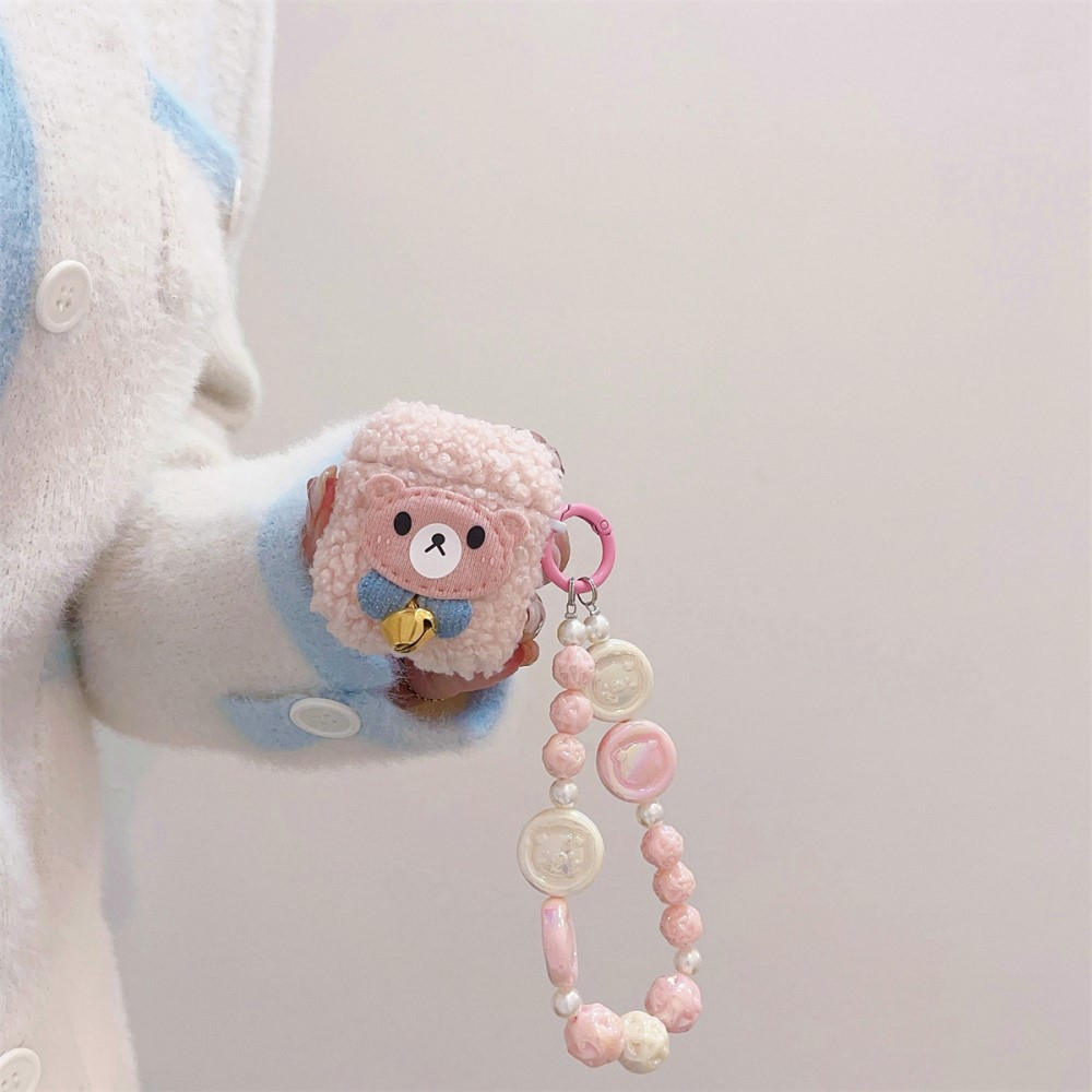 AirPods (1. & 2. Generation) Gummi Case Schutzhülle mit Handschlaufe - Cartoon Bär (Rosa)