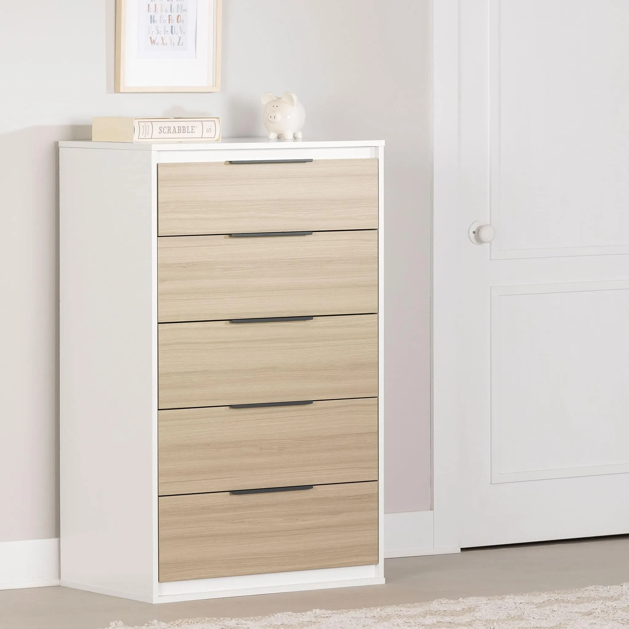 South Shore Commode 5 tiroirs - Hourra Orme naturel et Blanc
