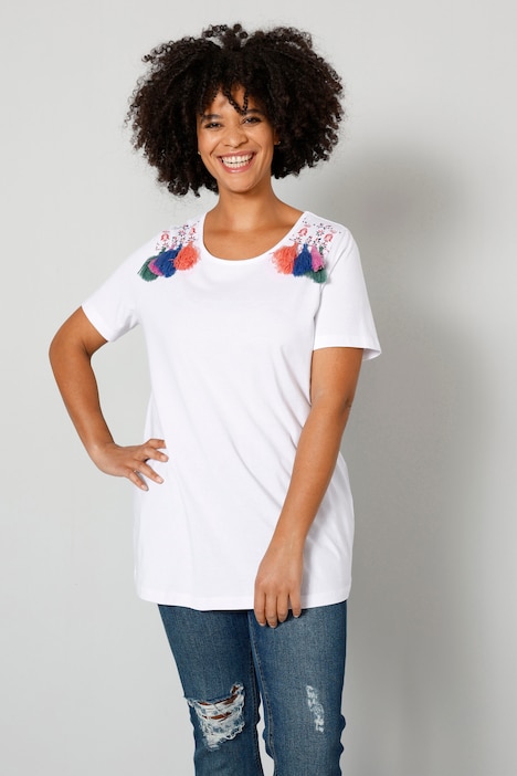 T-Shirt, Classic Fit, Schulter-Quaste, Rundhals, Halbarm