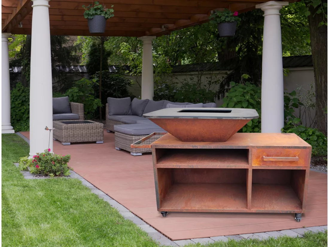 Grand barbecue avec armoire et plaque de cuisson en acier