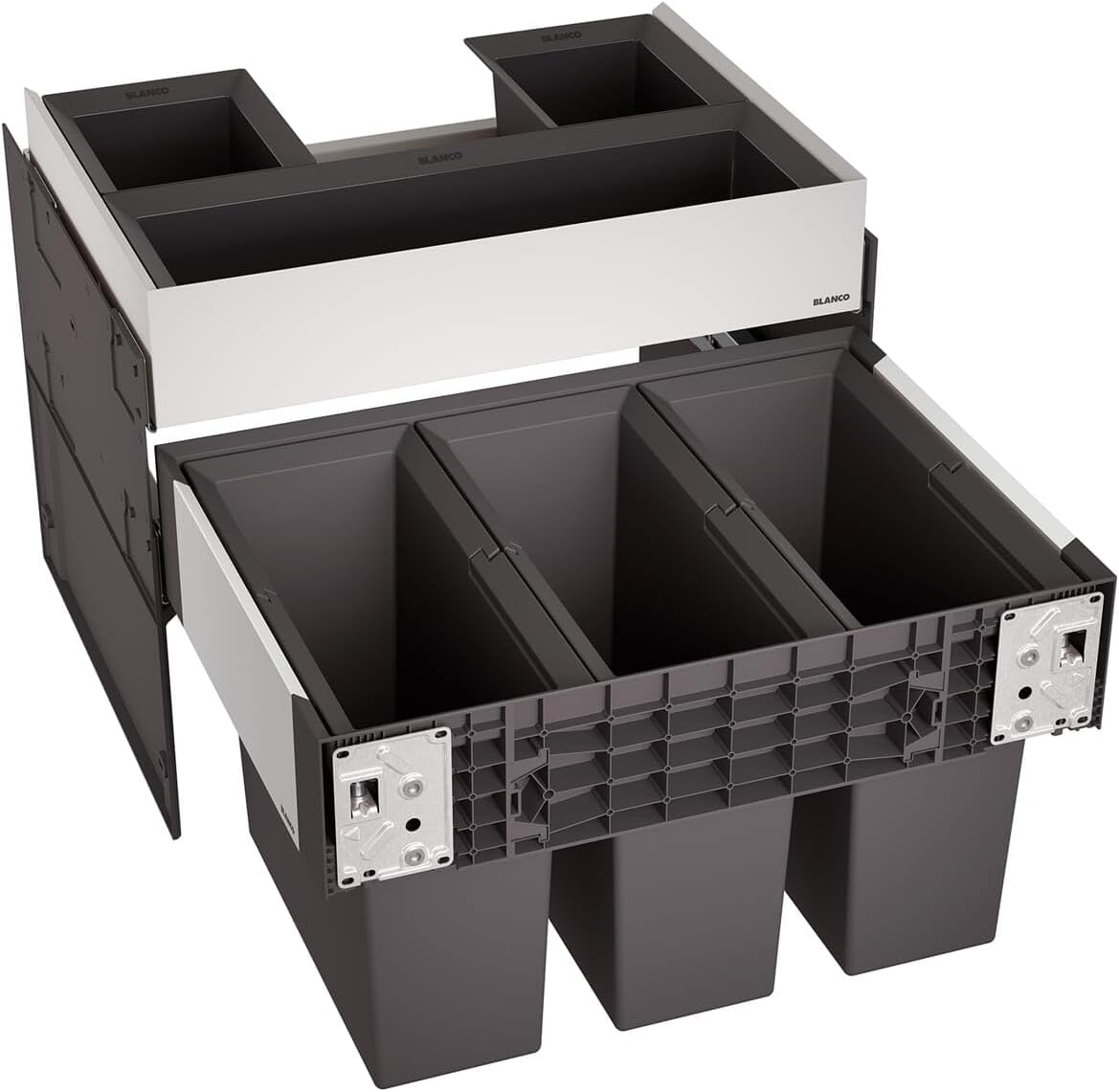 BLANCO SELECT II 60/3 Orga | Abfall Müllsystem | für 60 cm breite Unterschränke | Auszugssystem zur Frontanbindung | Organisationsschublade | 3 x 15l Eimer | 400mm Auszugstiefe | [56,8x40x47,3 cm]
