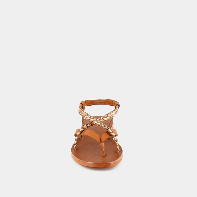 Sandales à brides tressées  en cuir camel et or