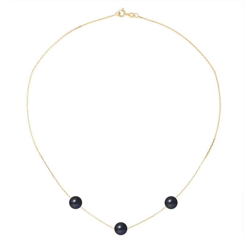 Collier Ras du Cou Femme Chaine Forcat Or jaune 750/1000 et 3 Perles de Culture Noires