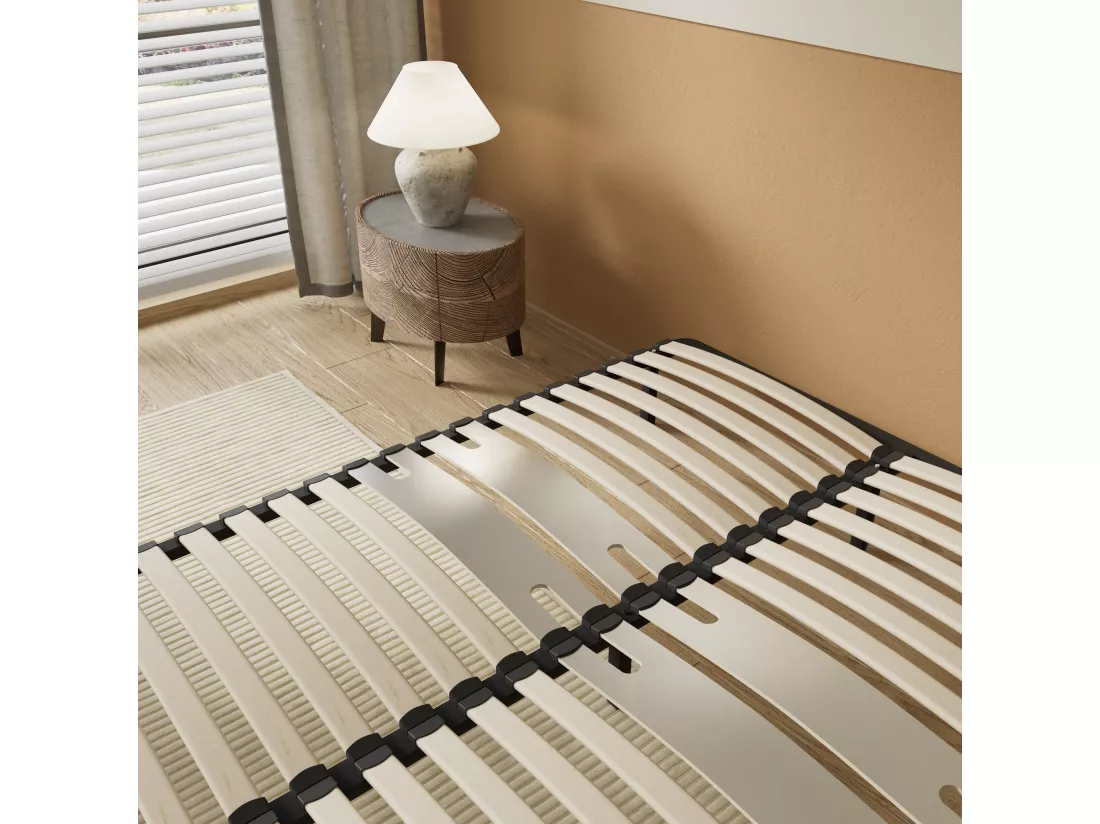 Cadre à lattes en bois 140x200 cm – cadre en acier et lattes en bois – 7 pieds hauteur 25cm – renfort lombaire