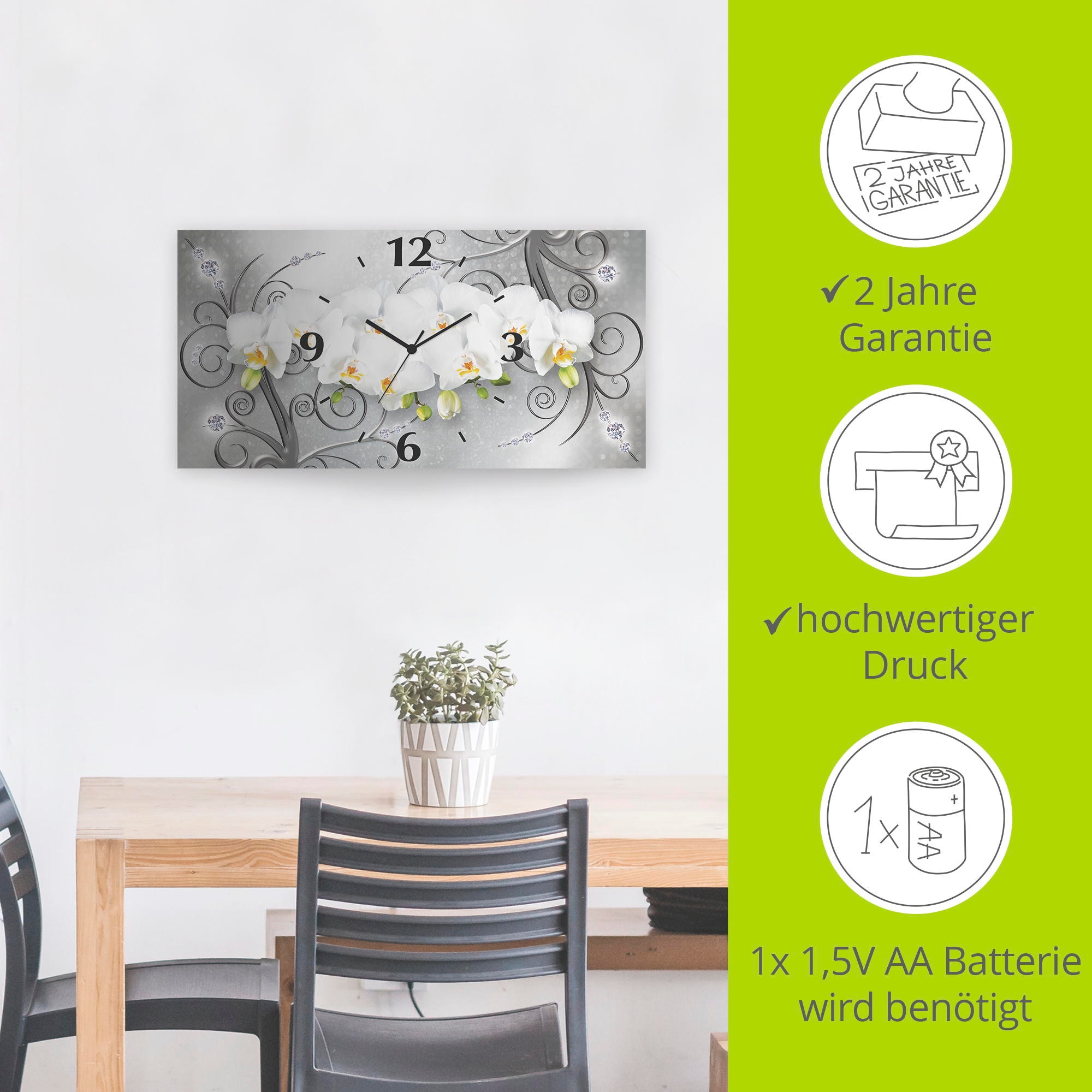 Artland Wanduhr »weisse Orchideen auf Ornamenten« 3D Optik gebogen, mit Quarz- oder Funkuhrwerk, versch. Grössen