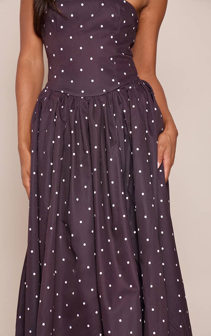 Chocolat Robe Mi-longue Évasée À Bustier Froncé En Tissu Tissé Imprimé À Pois