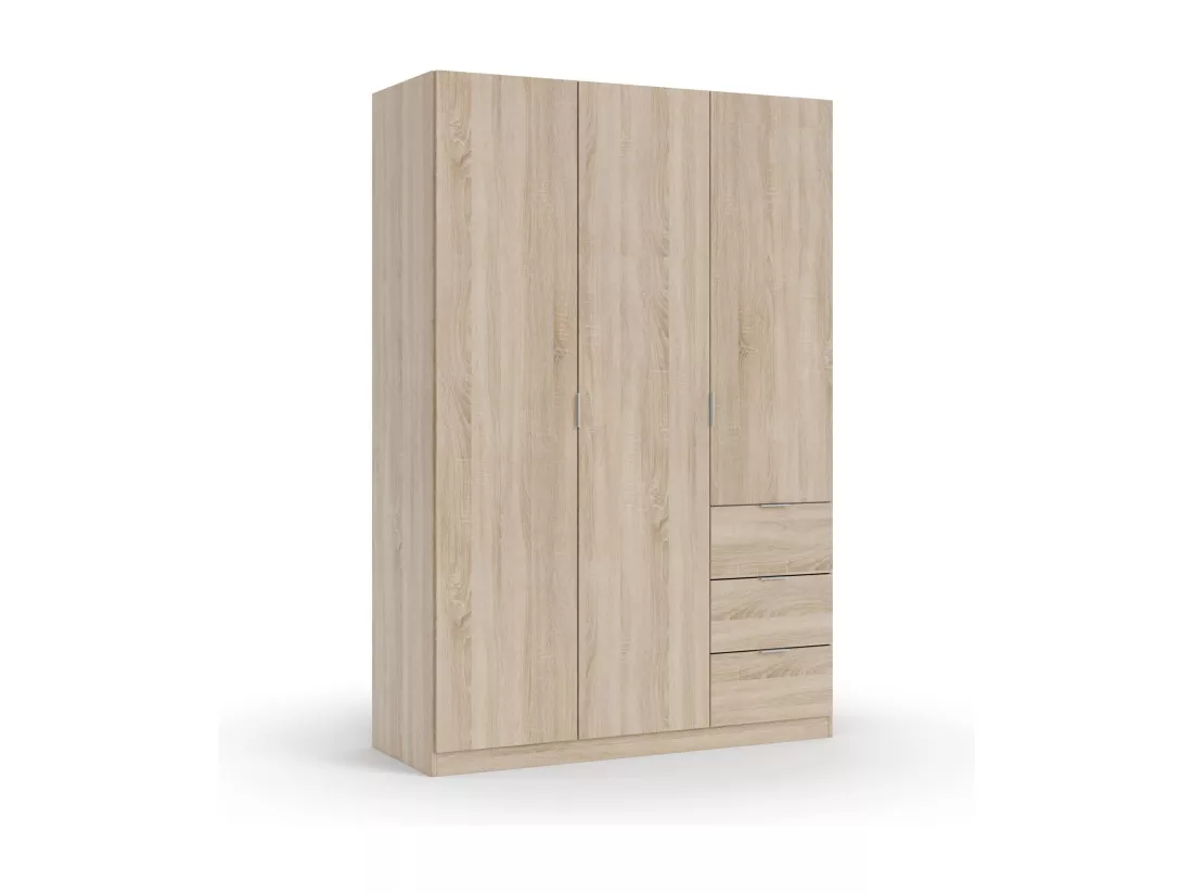 Armoire Ddermak, Armoire de chambre avec 3 portes et 3 tiroirs, Armoire avec 3 étagères et tringle à vêtements, 135x52h200 cm, Chêne