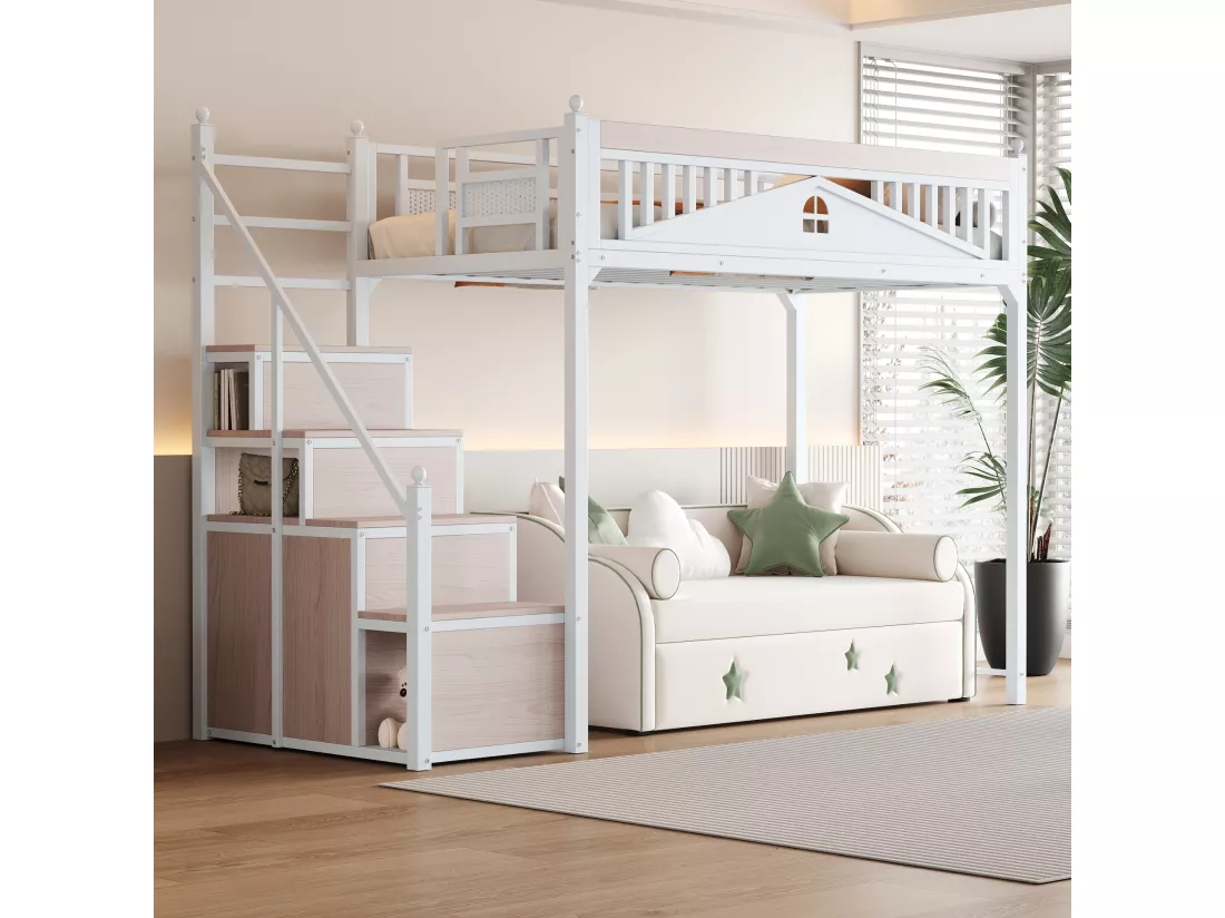 Lit mezzanine 90 x 200 cm avec espace de rangement - Métal + Contreplaqué + MDF - Sommier à lattes - Blanc