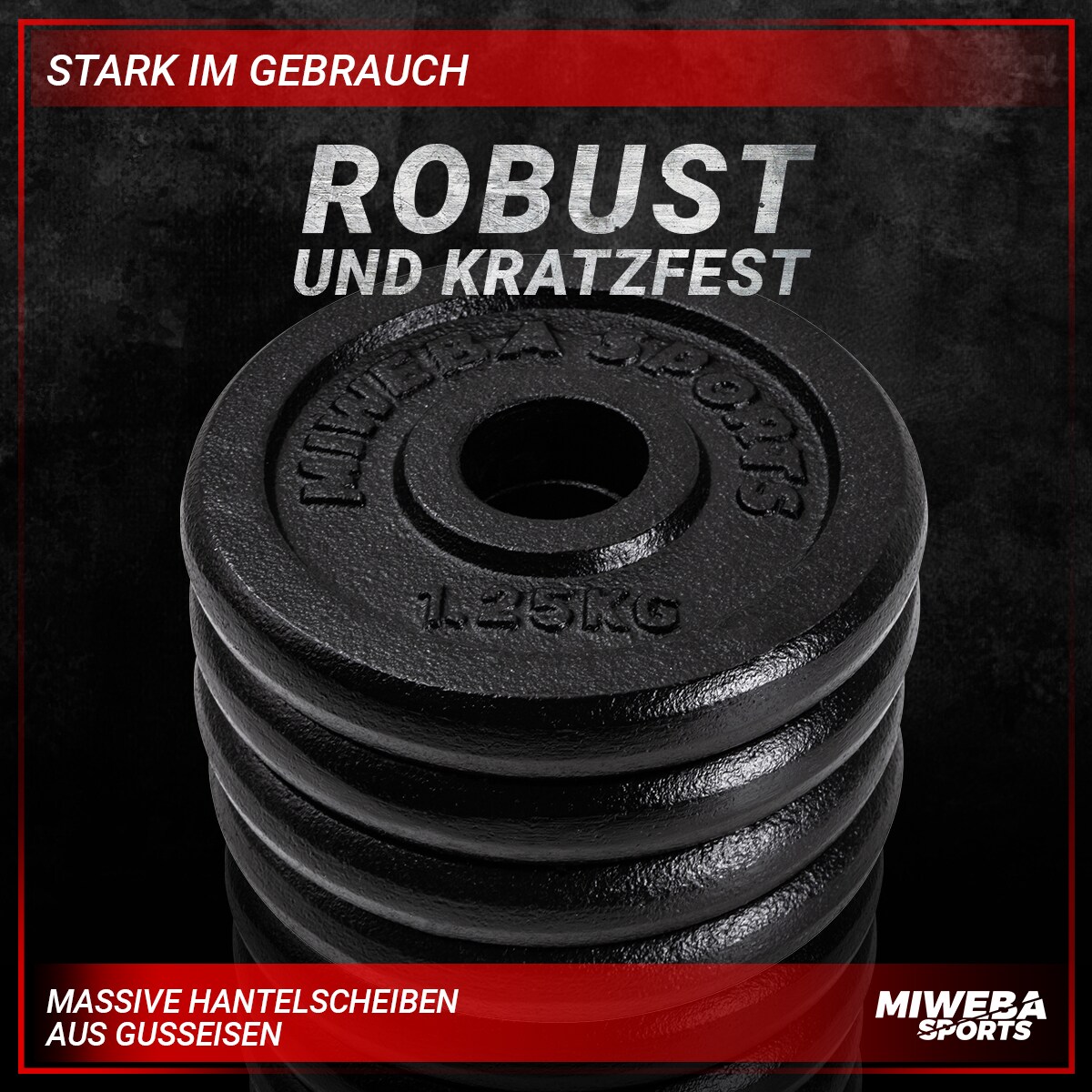 Miweba Sports Hantelscheiben HSG12, 4x 1,25 kg Hantel-Gewichte, passend für Ø 30mm, Set, Gusseisen