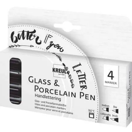 KREUL Glass & Porcelain Pen Handlettering, 4 schwarze Stifte mit verschiedenen Spitzen
