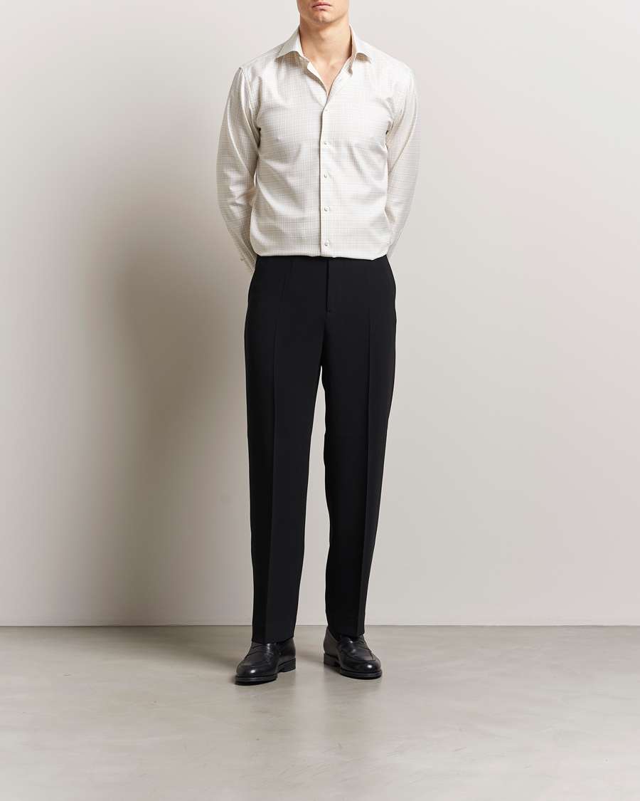 Stenströms Fitted Body Checked Shirt Beige