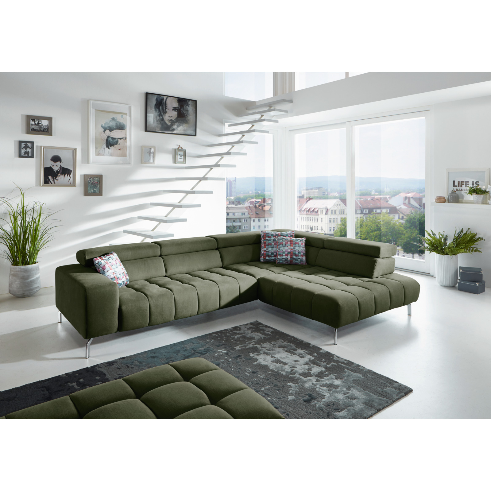 Ecksofa Viola Stoff moos, mit Funktionen, Ottomane rechts