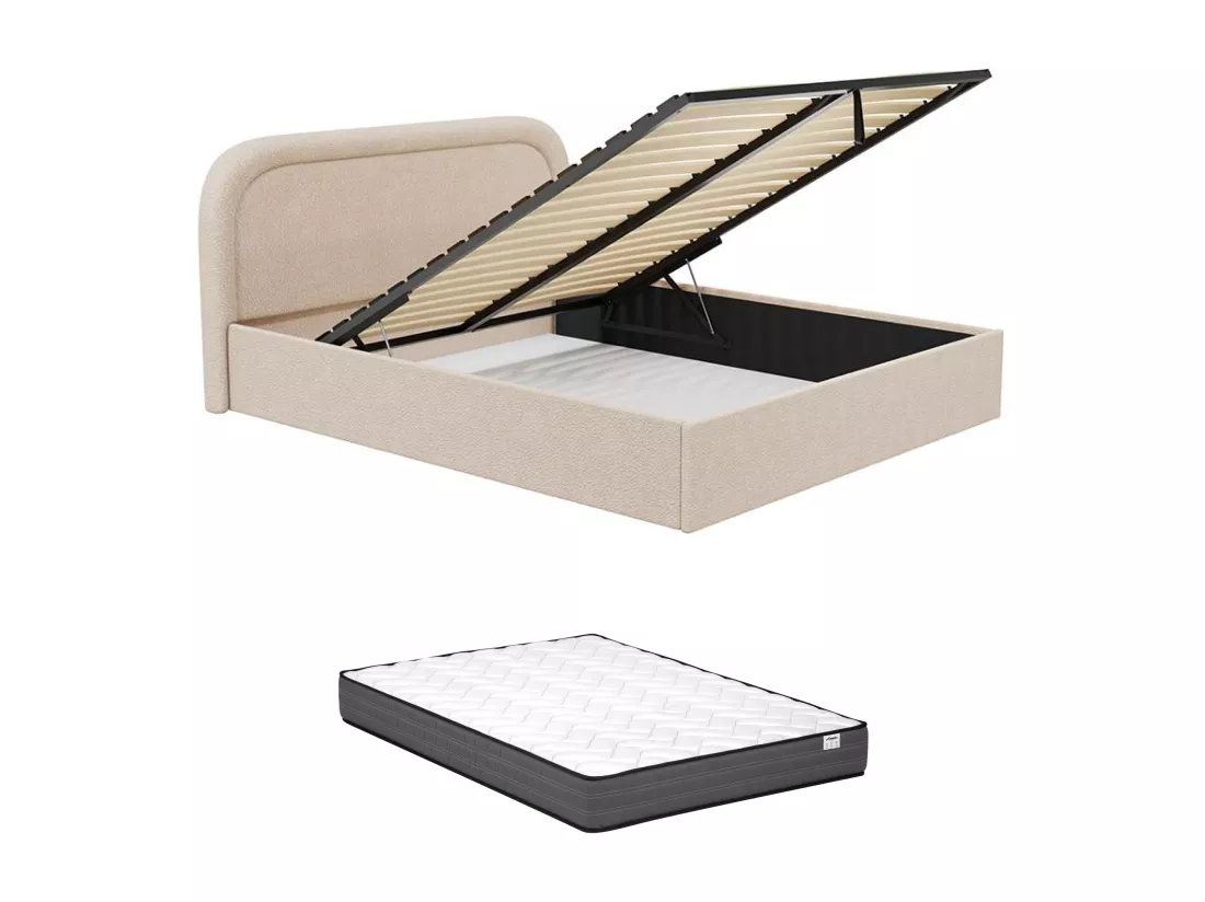 Lit coffre 140 x 190 cm - Tissu bouclette - Beige + Matelas - FIREZA