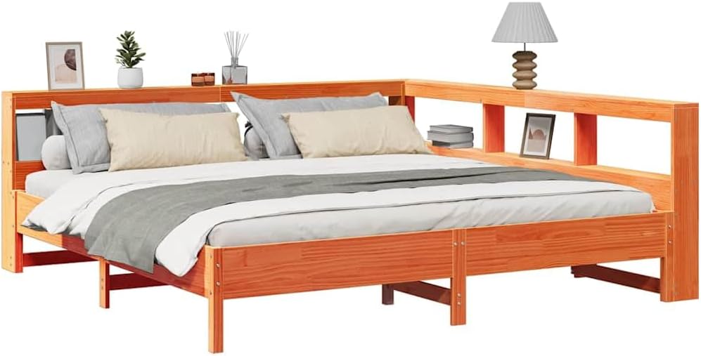 vidaXL Massivholzbett mit Regal ohne Matratze Wachsbraun 180x200 cm, Holzbett mit Regal, Massivholzbett mit Regal, Bett, Holzbett mit Bücherregal