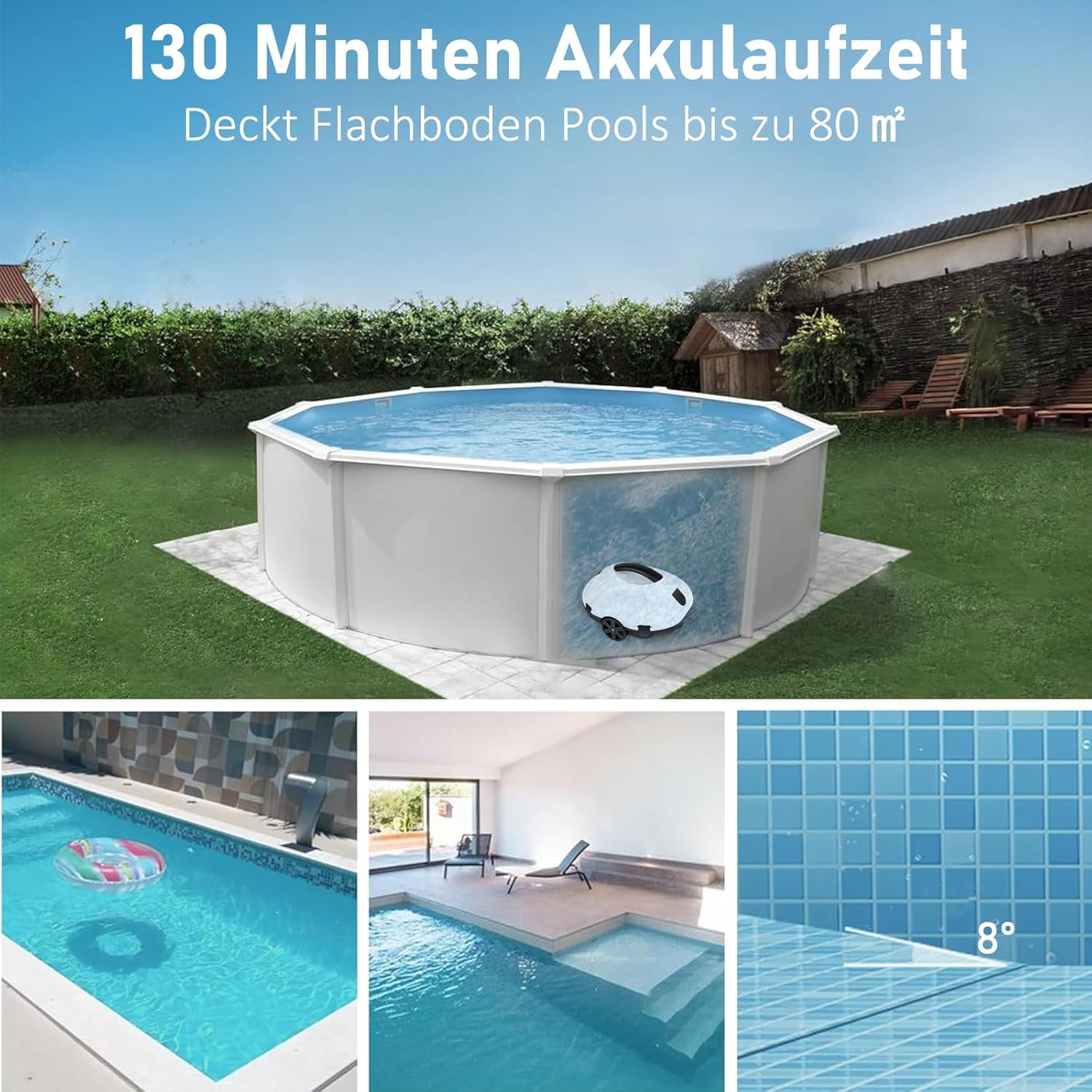 COOLWEST Poolroboter Akku, 130 Minuten Reinigungszeit, Pool Roboter Kabellos, Automatische Poolreiniger mit Selbsteinparkfunktion, Pool Saugroboter für Rundpool und Aufstellpool