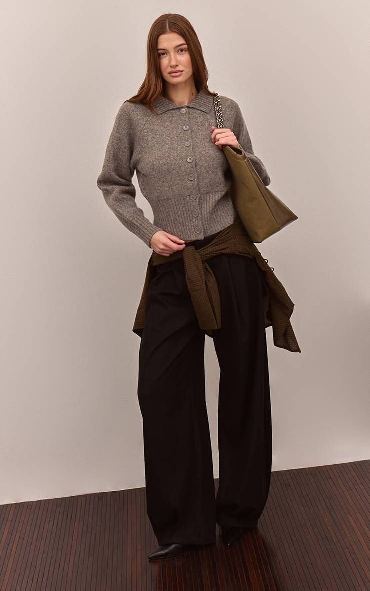 Taupe Cardigan Tricoté À Col Avec Détail À La Taille