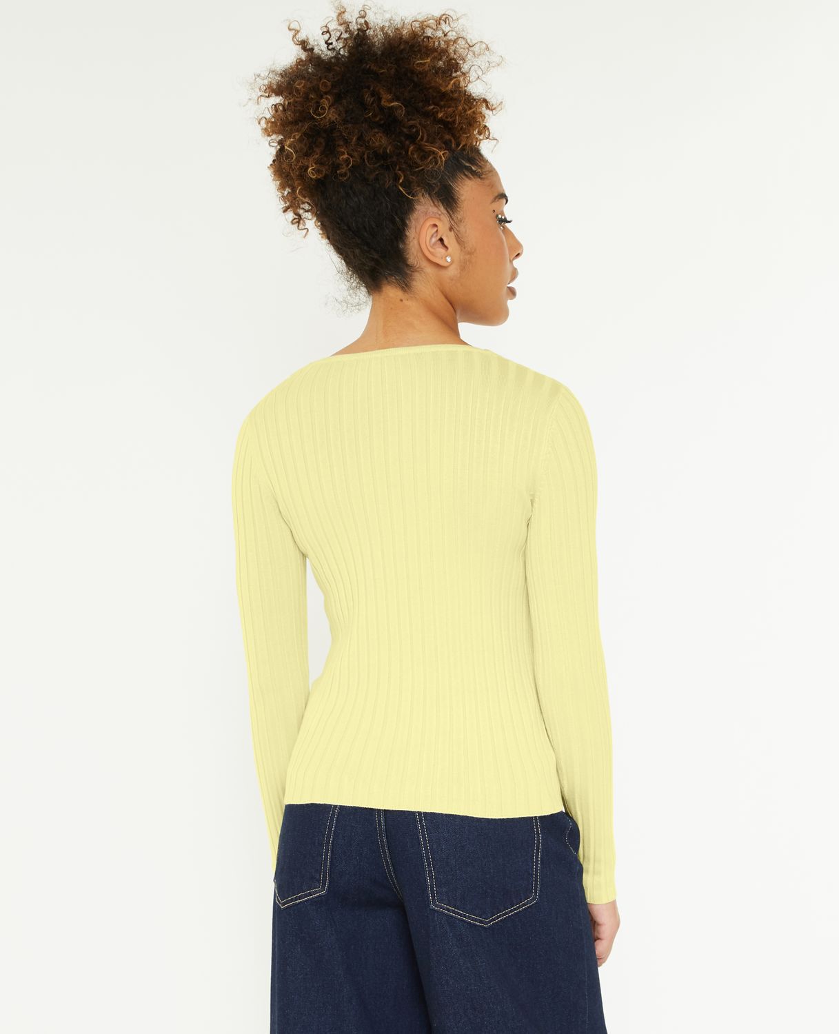 Pull col V maille côtes plates - Jaune