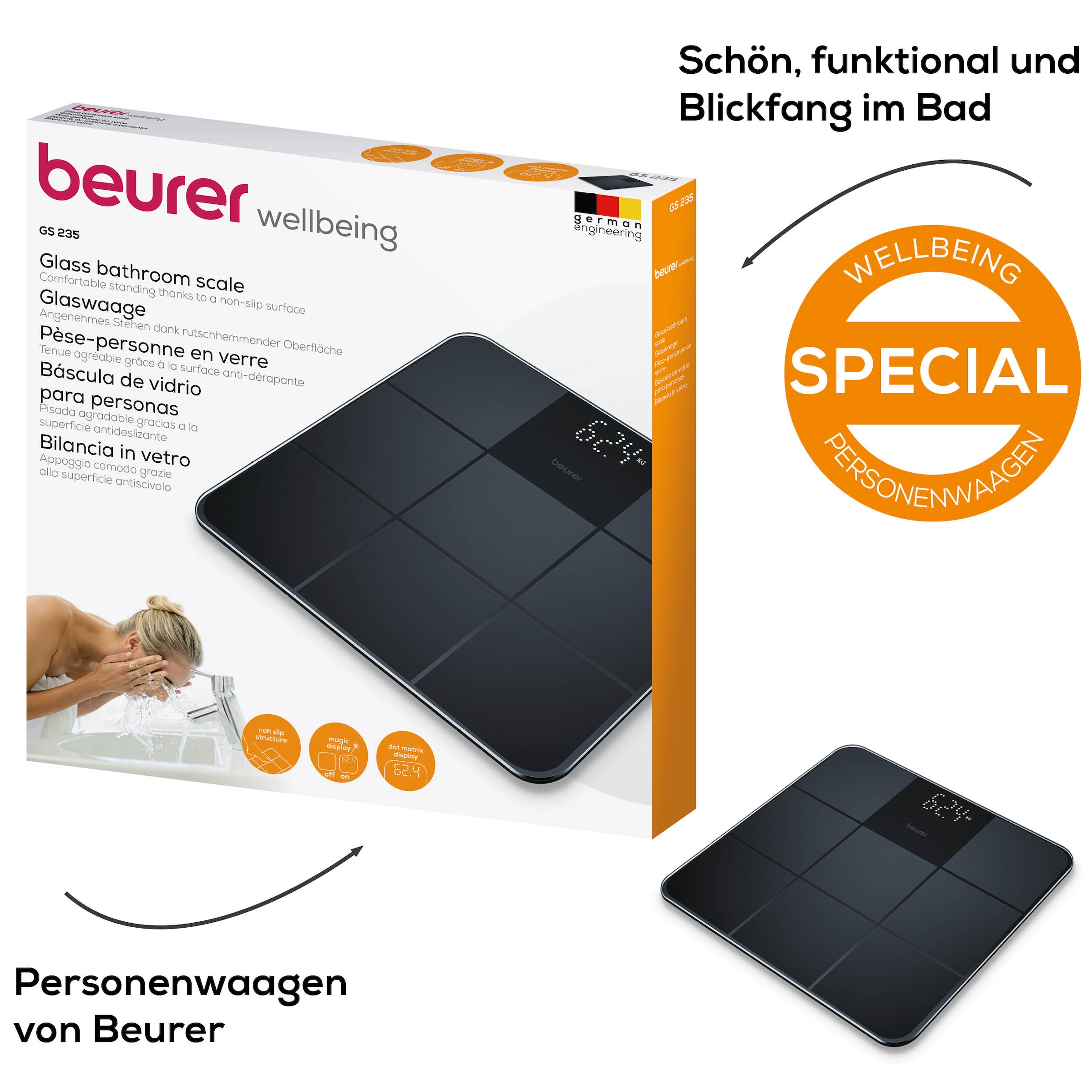 BEURER Personenwaage »GS 235 Glaswaage mit Magic-LED Display - erscheint nur bei Messung« Elegante Oberfläche mit matter Fliesenstruktur, Tragkraft bis 180 kg