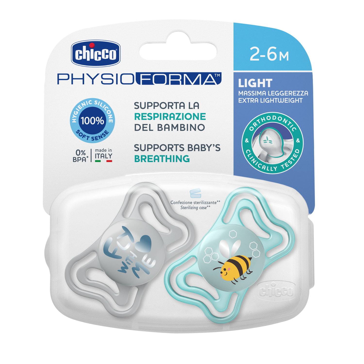 CHICCO Physiologischer Beruhigungssauger PHYSIO FORMA LIGHT Silikon BLUE 2-6m 2 Stk