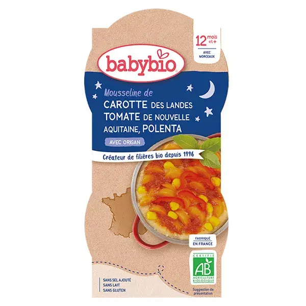 Tigela de refeição noturna Babybio, cenoura, tomate e polenta +12 meses, orgânica, 2 x 200g