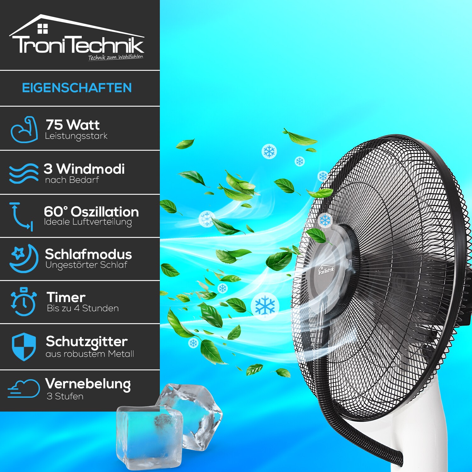 TroniTechnik® Standventilator mit Wasser, Ventilator mit Wasserkühlung Sprühnebel Raumbefeuchter 75W