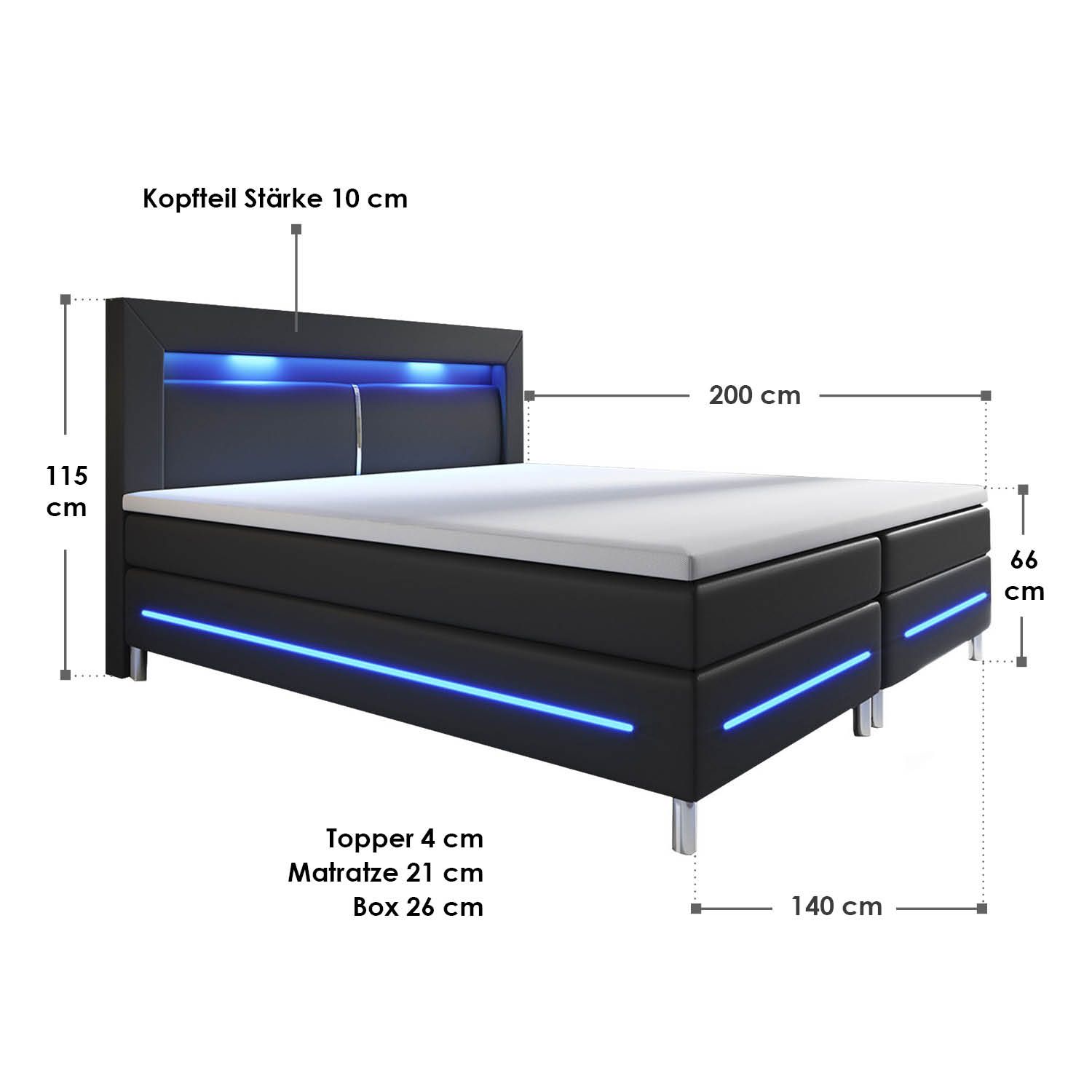 Juskys Boxspringbett Norfolk 140 x 200 cm – LED Beleuchtung, Bonell-Matratzen & Topper - schwarz