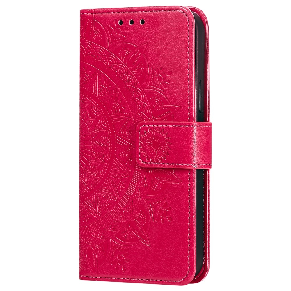 iPhone 12 / iPhone 12 Pro Leder Tasche Wallet - Mandala Flowers Imprint - Rot / Pink