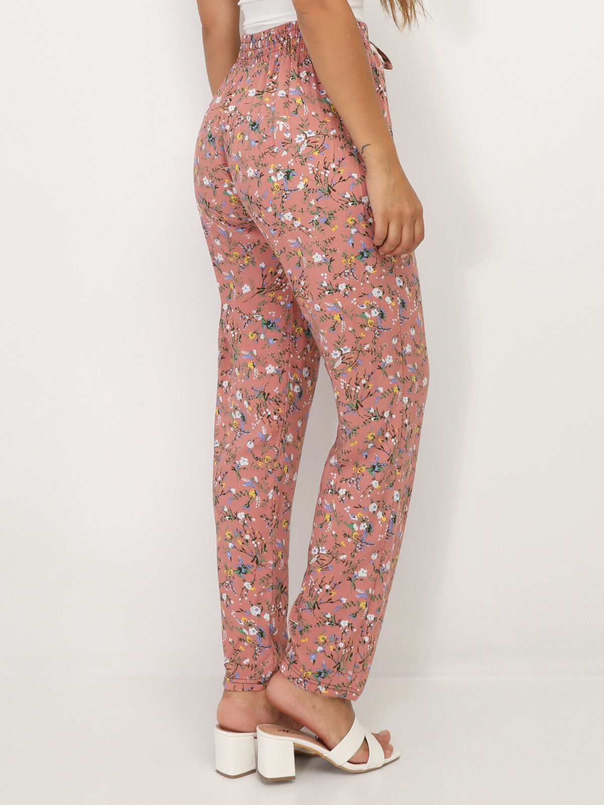 Pantalon léger à motif fleurs- Vieux rose