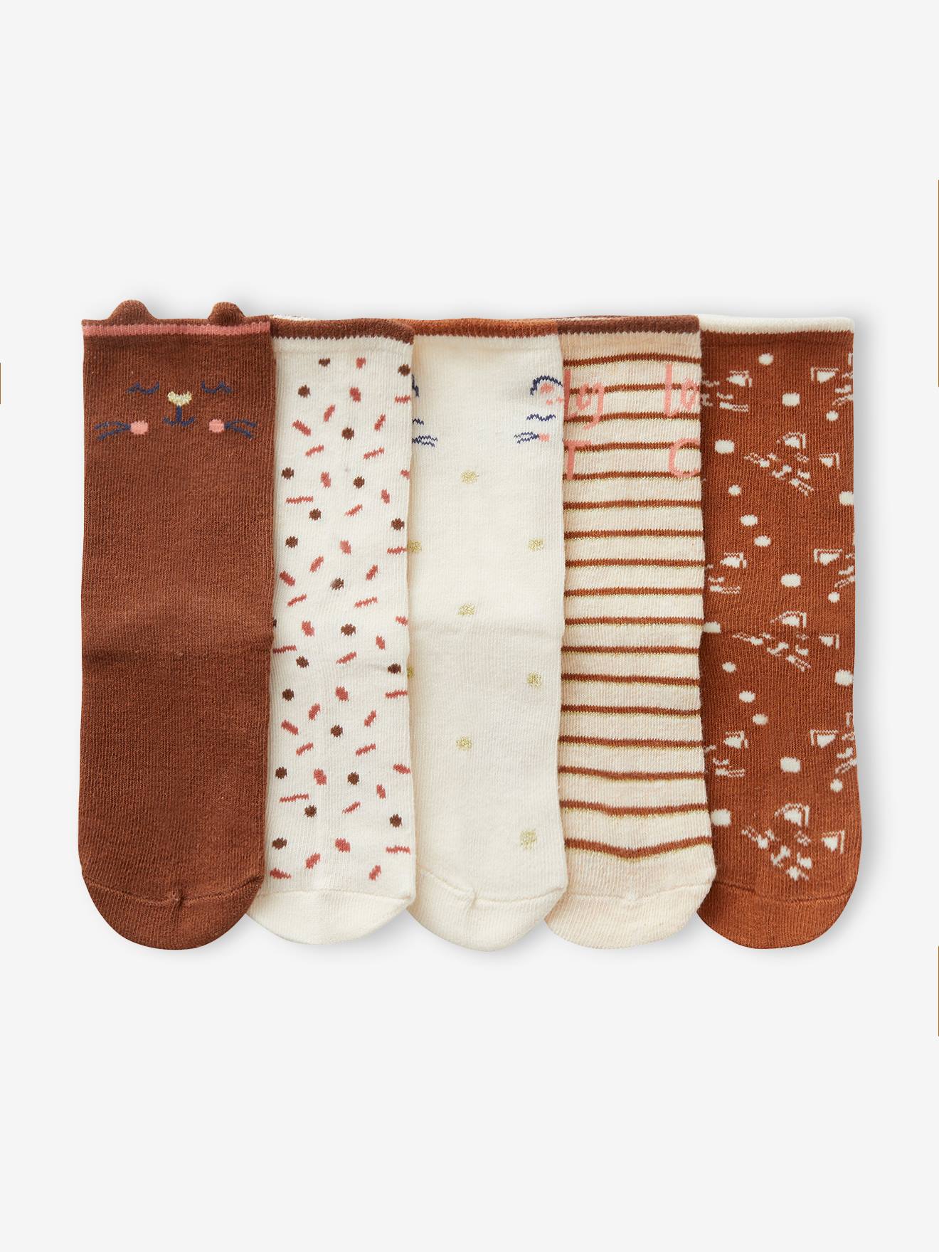 Pacote com 5 pares de meias de gato, tamanho infantil feminino, em dois tons de azul escuro/multicoloridas.