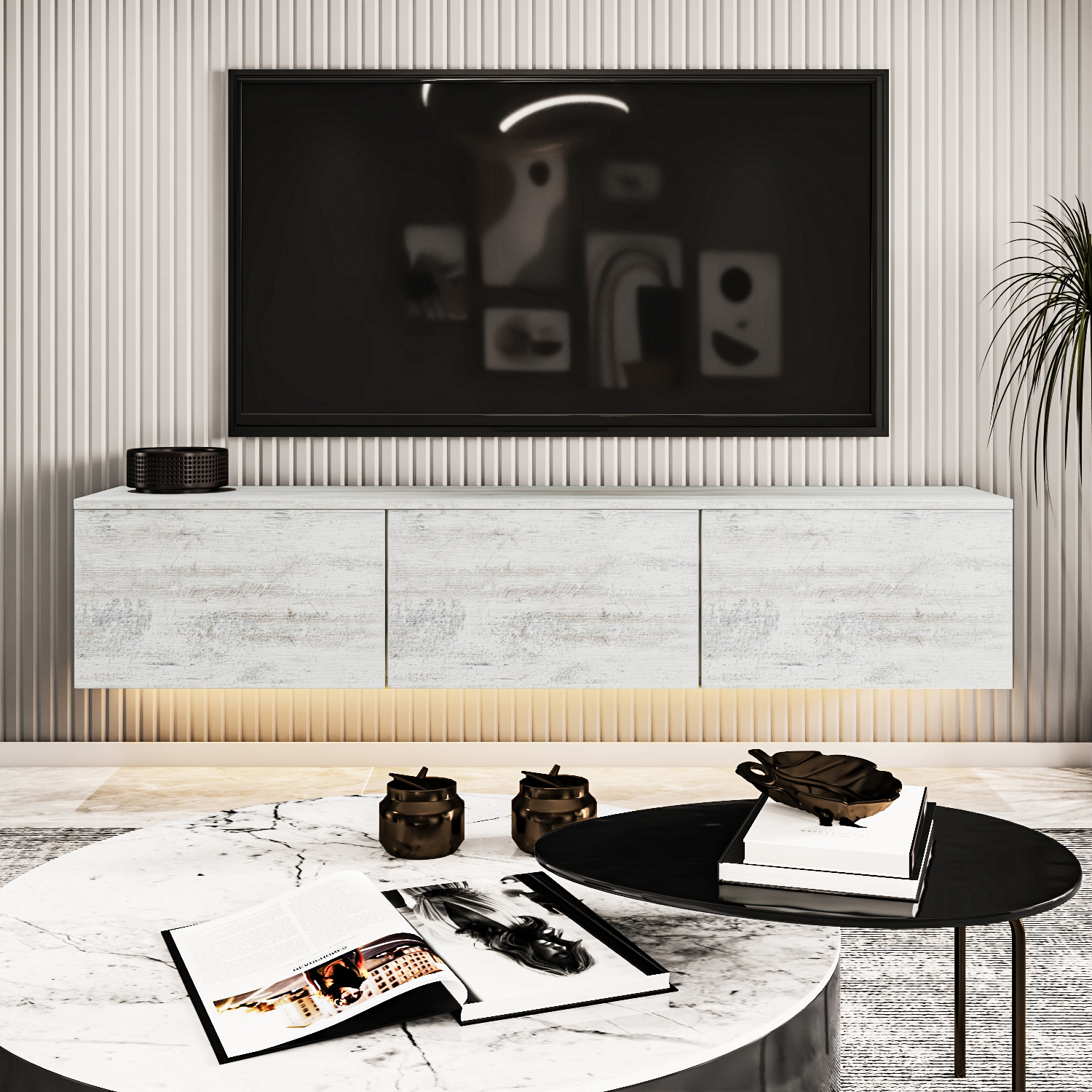 TV-Lowboard - weiß-grau - mit LED-Beleuchtung