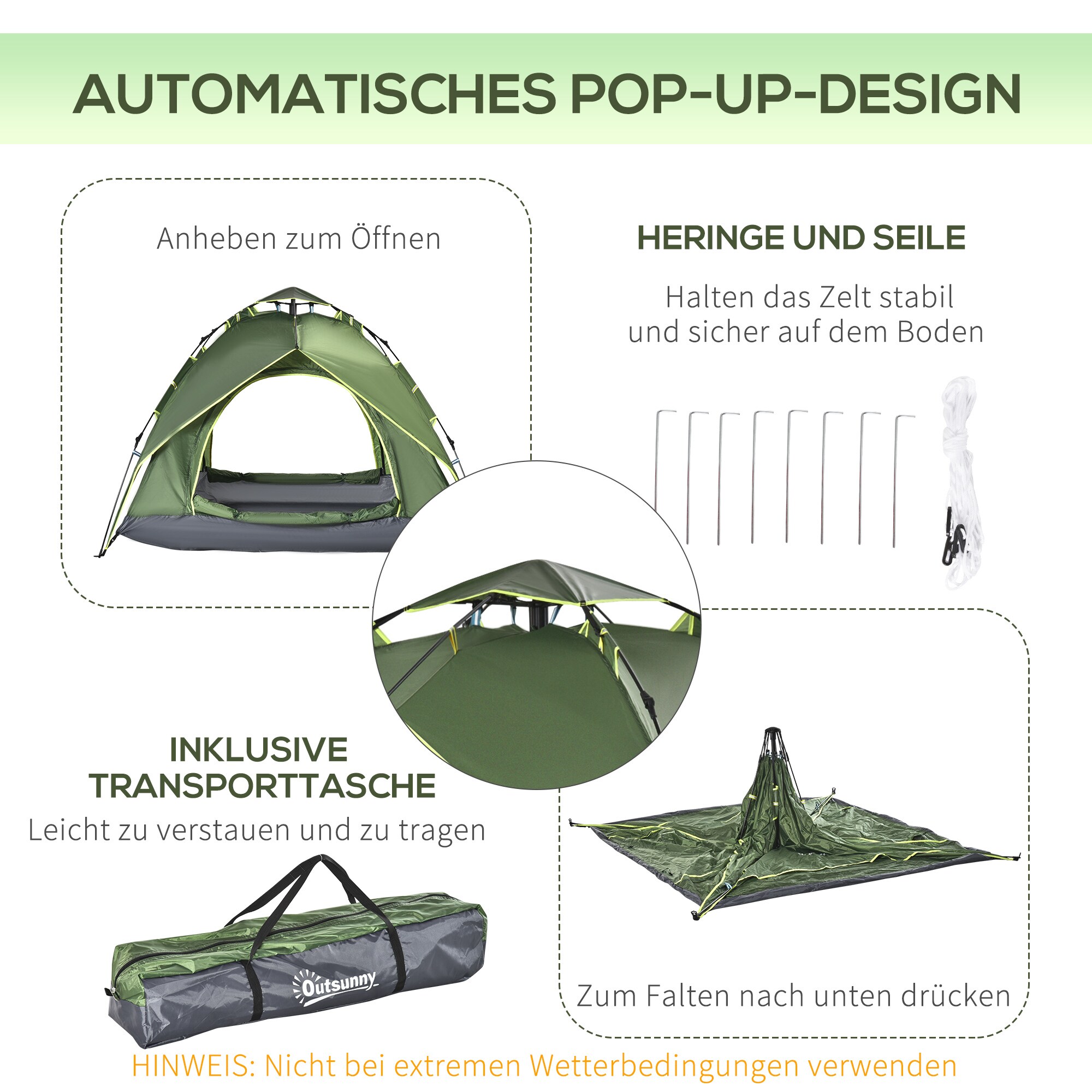 Outsunny Quick-Up-Zelt für 2 Personen + 1 Kind dunkelgrün 210 x 210 x 140 cm (LxBxH)