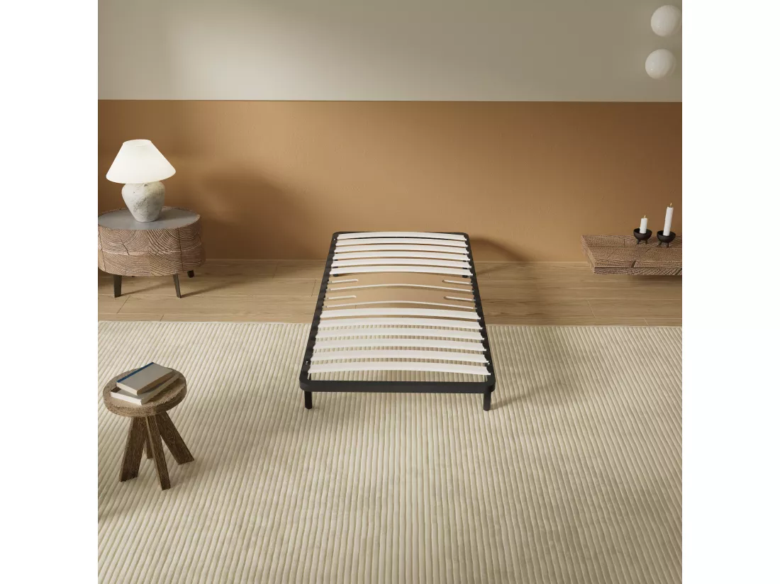 Cadre à lattes en bois 120x190 cm – cadre en acier et lattes en bois – 7 pieds hauteur 25cm – renfort lombaire