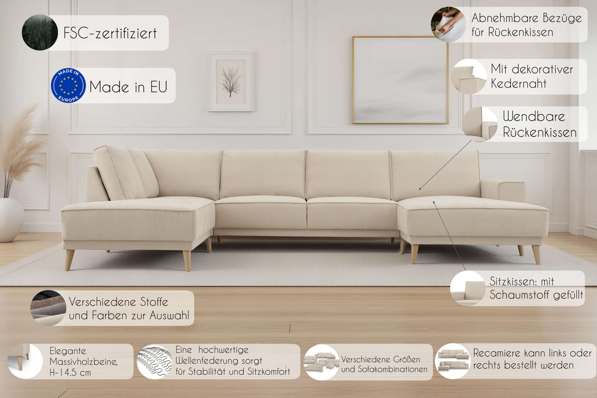 GOODproduct Wohnlandschaft »Oland Skandi, weicher Chenille-Stoff« U-Form, 345 cm, Wellenunterfederung, Skandi-Design, Massivholzfüsse