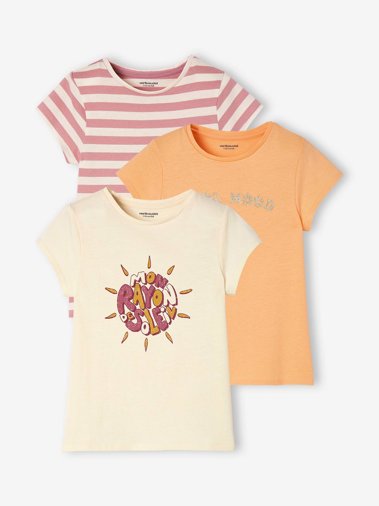Conjunto de 3 camisetas sortidas com detalhes iridescentes, para meninas, cor damasco.