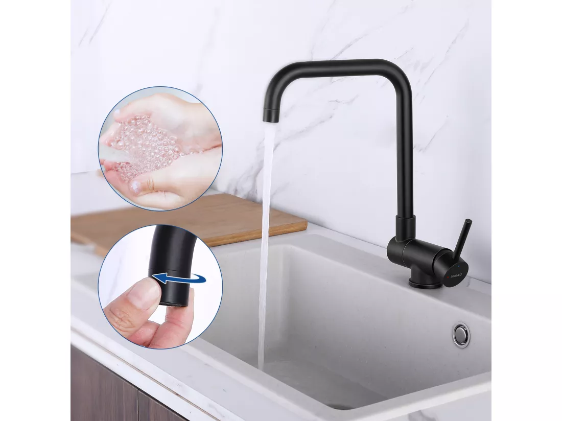 Lonheo Max Mitigeur Cuisine Rabattable Noir Rotatif à 360°,contre Fenêtre,Acier Inox 304 avec barboteur démotable,Eau Chaude Froide,EU Modèle