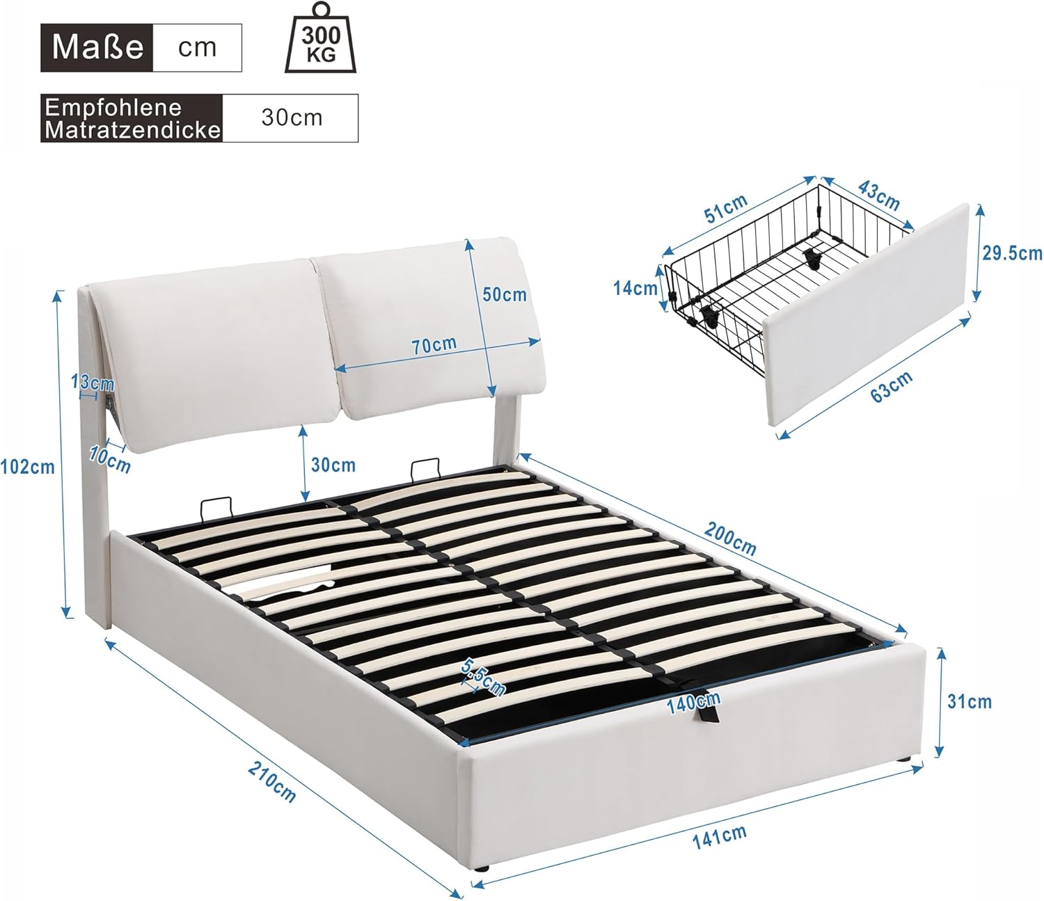 Polsterbett 140x200, Doppelbett Bett mit Stauraum Schublade und Kopfteil, Hydraulische Stauraumbett mit Bettkasten zur Aufbewahrung und Lattenrost, Samt, Weiß, (Ohne Matratze)