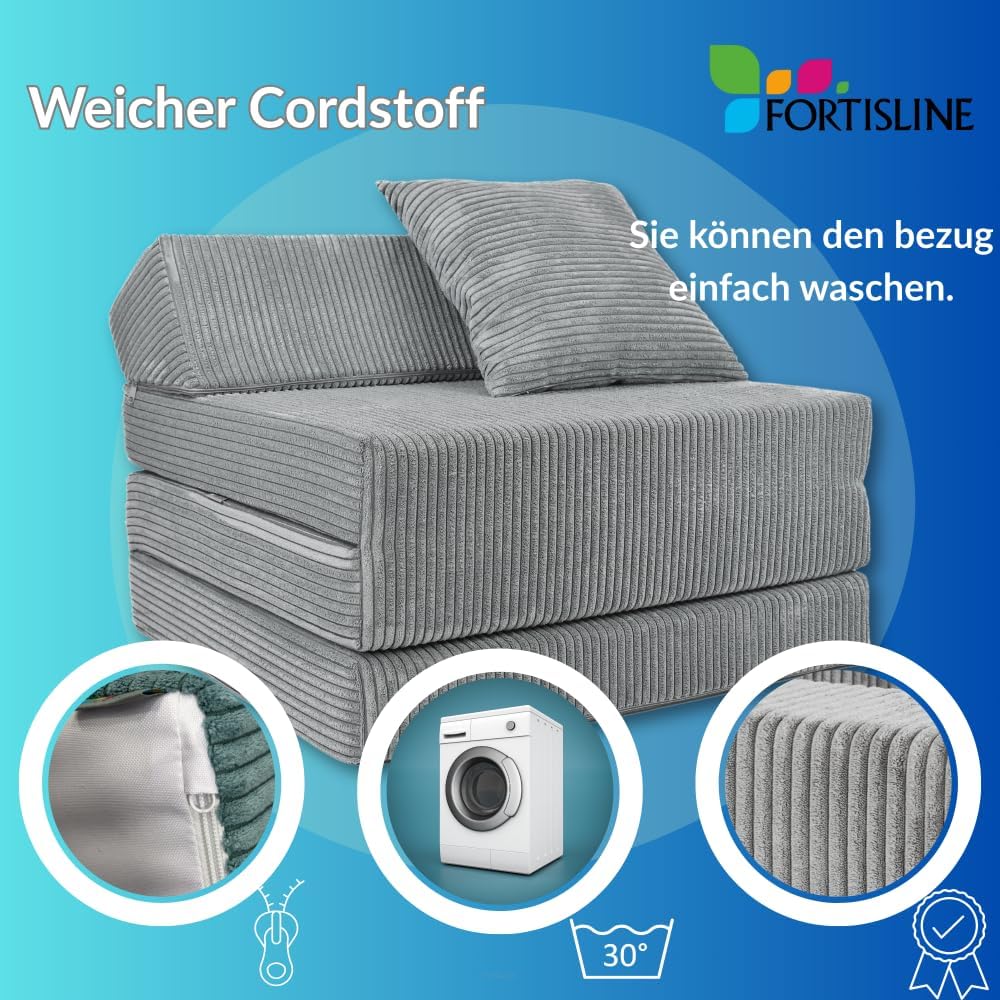 FORTISLINE - Klappmatratze 200x70x10cm mit Kopfteil & Kissen – Gästebett ausklappbar für Kinderzimmer & Camping Matratze Schaumstoff – Faltmatratze tragbar – Faltbare Matratze aus Cord – Braun