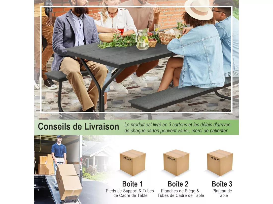 Ensemble Table et Bancs de Pique-Nique avec Cadre Métal, Ensemble de Jardin Imperméable pour 8 Personnes Banc Charge 500KG, pour Jardin Piscine, 183 x 150 x 76 cm (Gris)